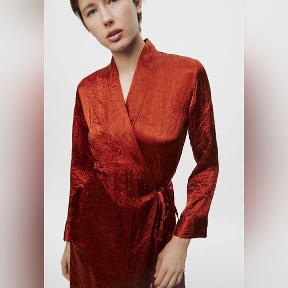 ZARA SATIN EFFECT DRESS ZW COLLECTION Duster Robe Burgundy - Picture 12 of 15
